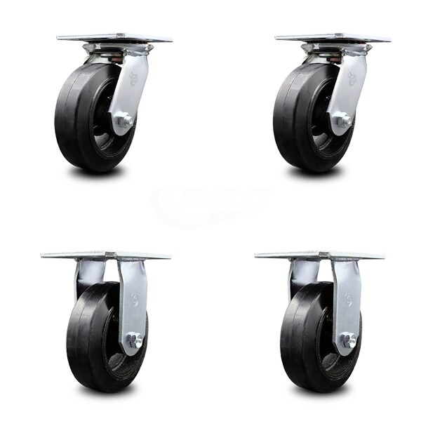 6 Inch Rubber on Steel Caster Set with Ball Bearings 2 Swivel 2 Rigid SCC
